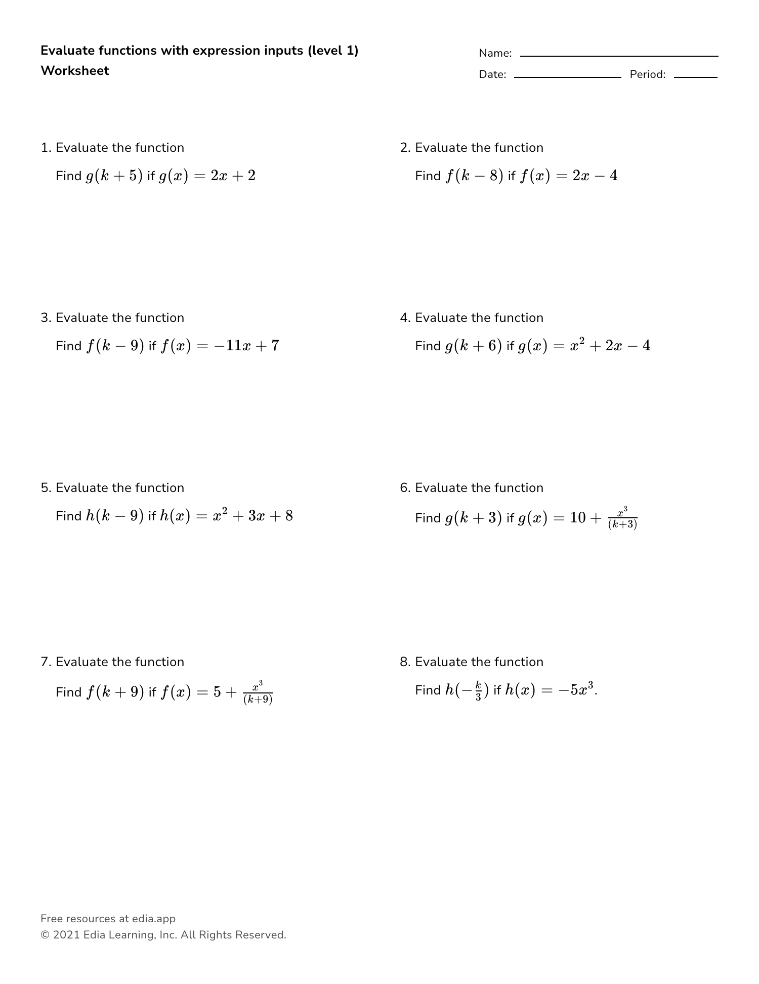 Edia  Free math homework in minutes For Evaluating Functions Worksheet Algebra 1