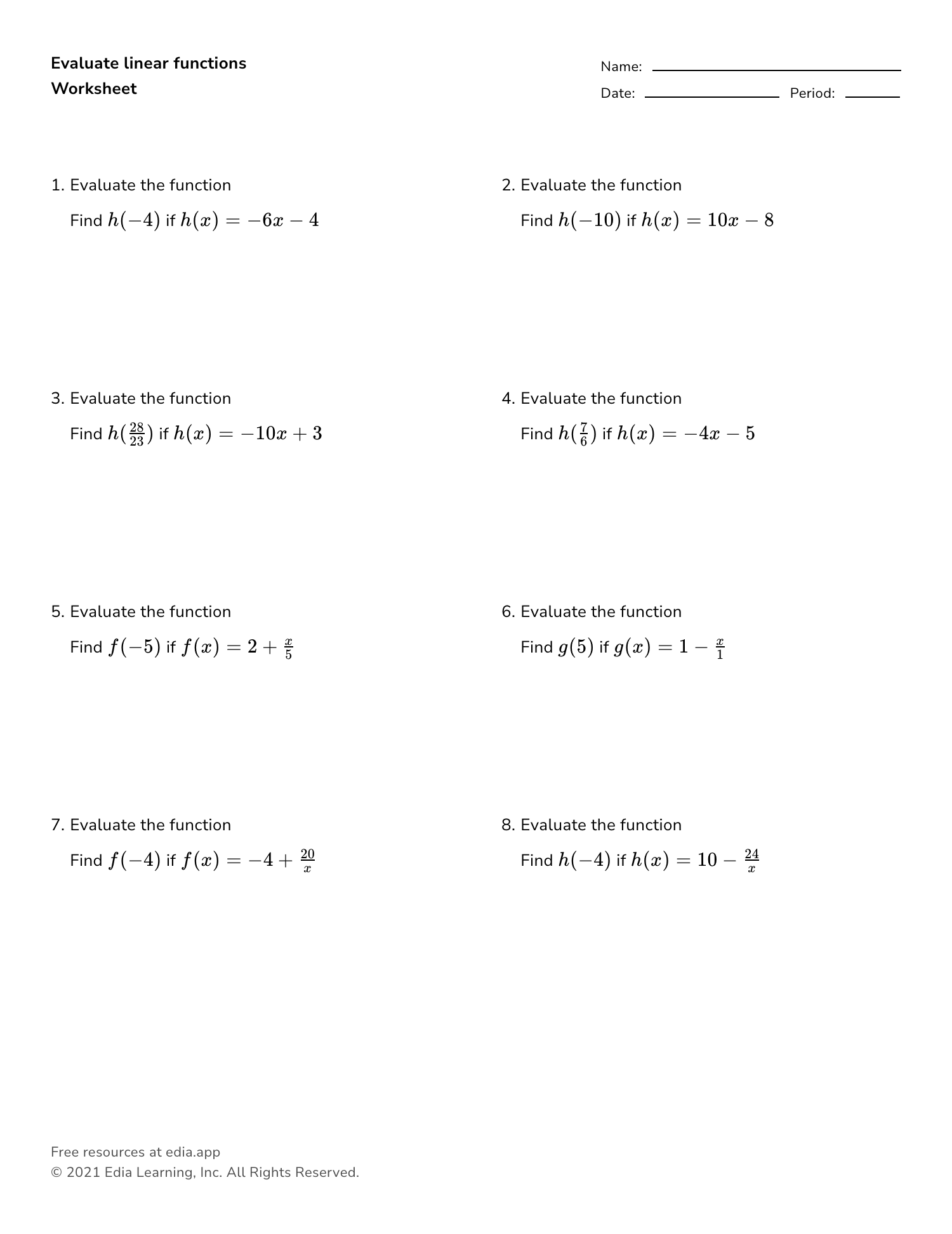 Edia  Free math homework in minutes Inside Evaluating Functions Worksheet Algebra 1