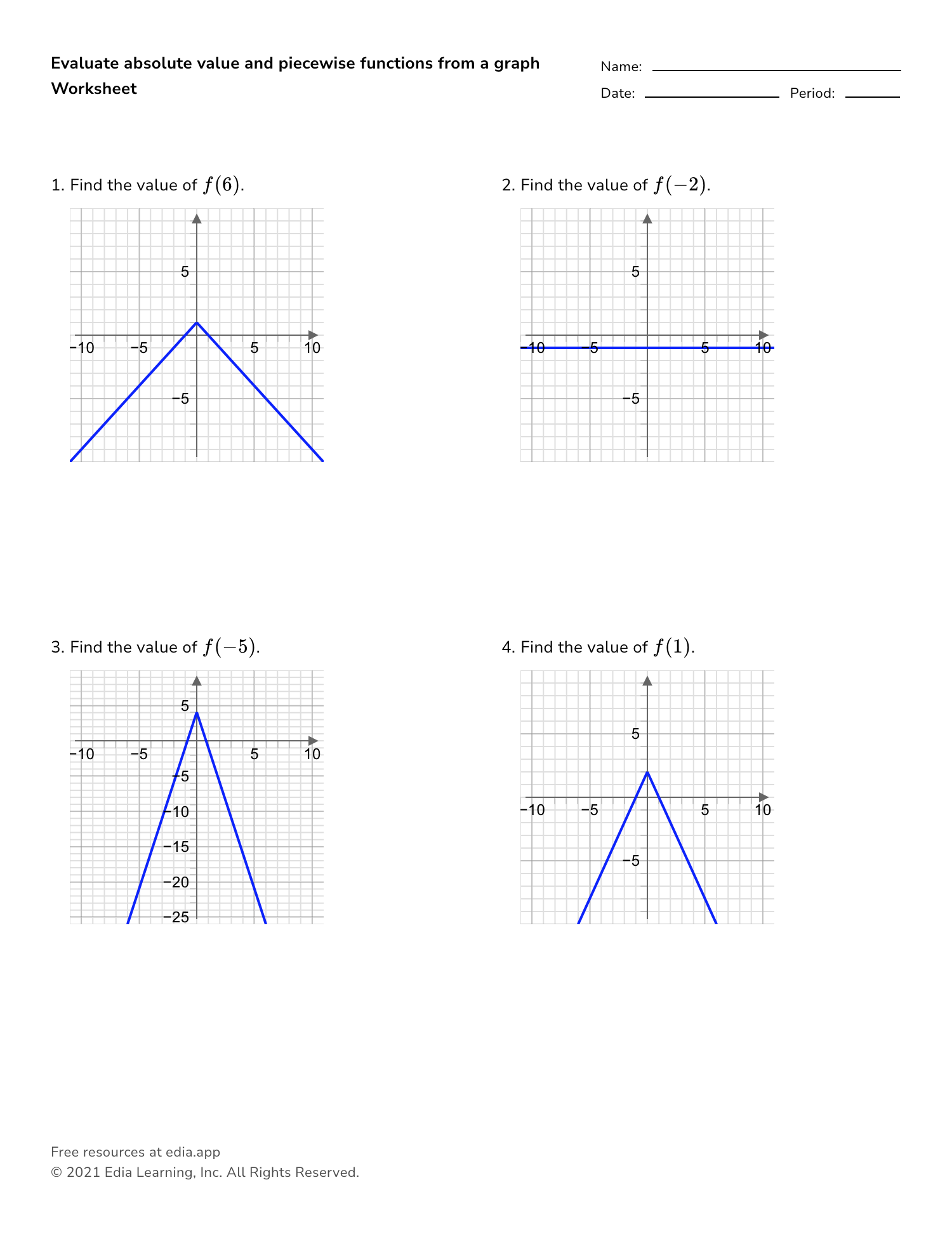 Evaluate Absolute Value And Piecewise Functions From A Graph Inside Evaluating Piecewise Functions Worksheet