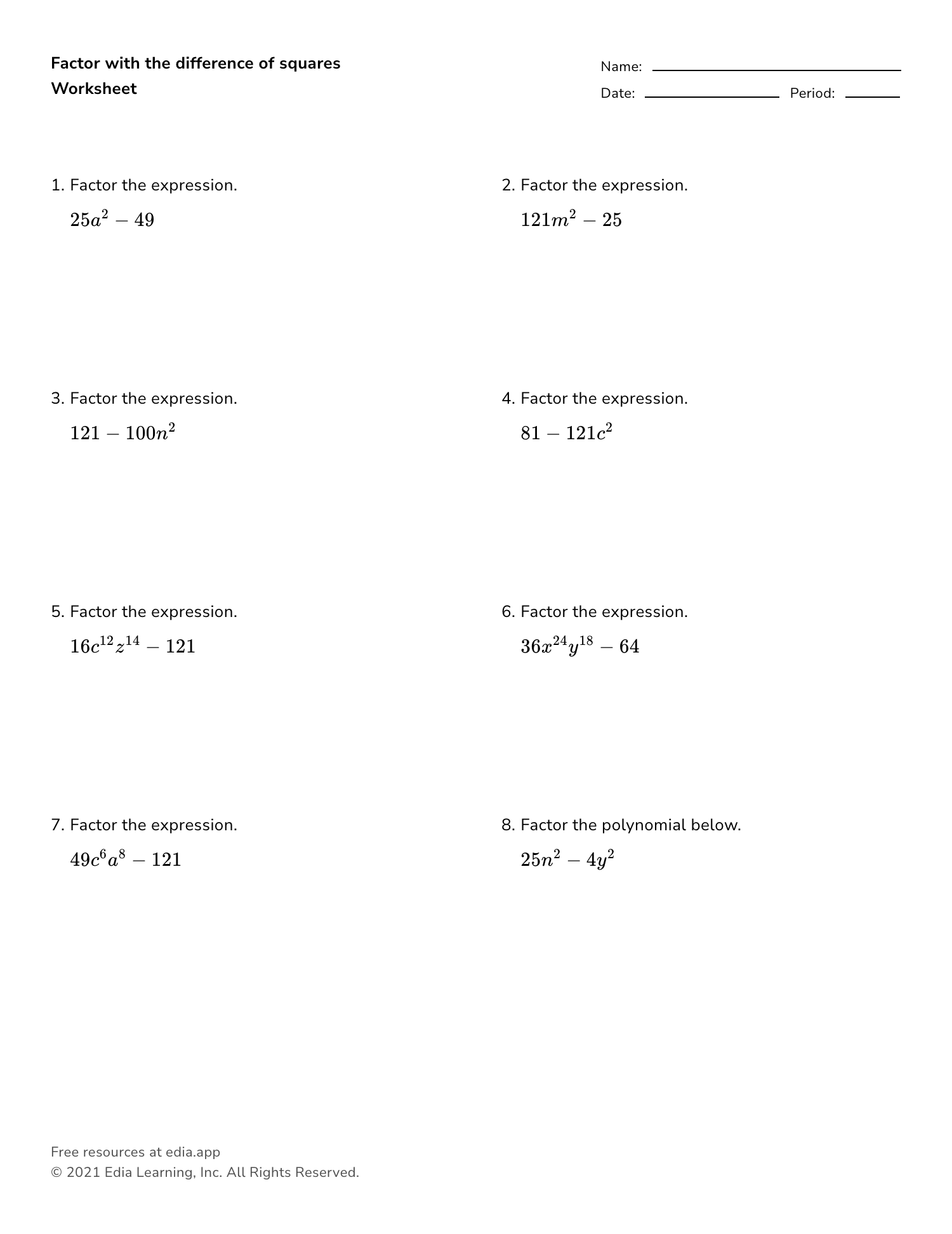 Edia  Free math homework in minutes With Regard To Factoring Difference Of Squares Worksheet