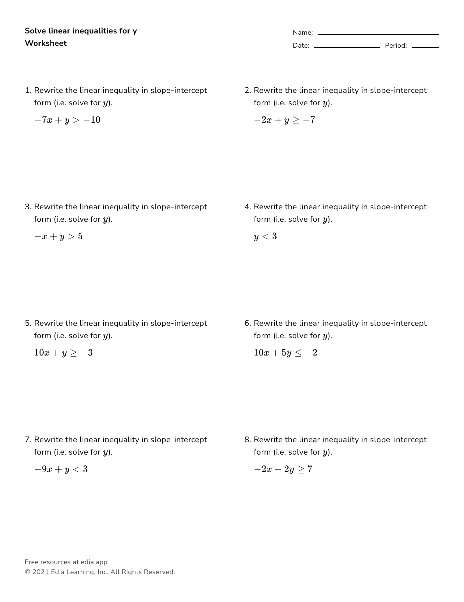 Solve Linear Inequalities For Y - Worksheet Inside Solving For Y Worksheet