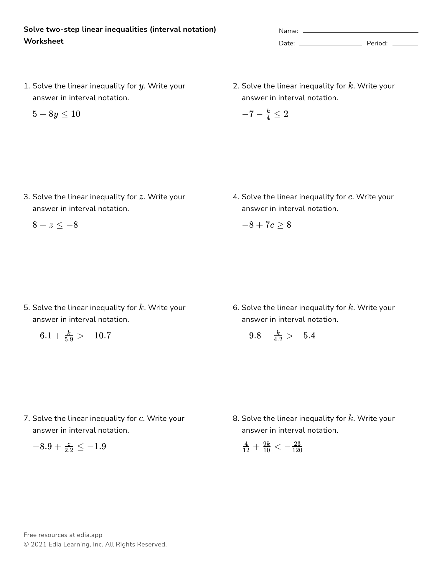 Solve Two-step Linear Inequalities (interval Notation) - Worksheet Pertaining To Solving Two Step Inequalities Worksheet