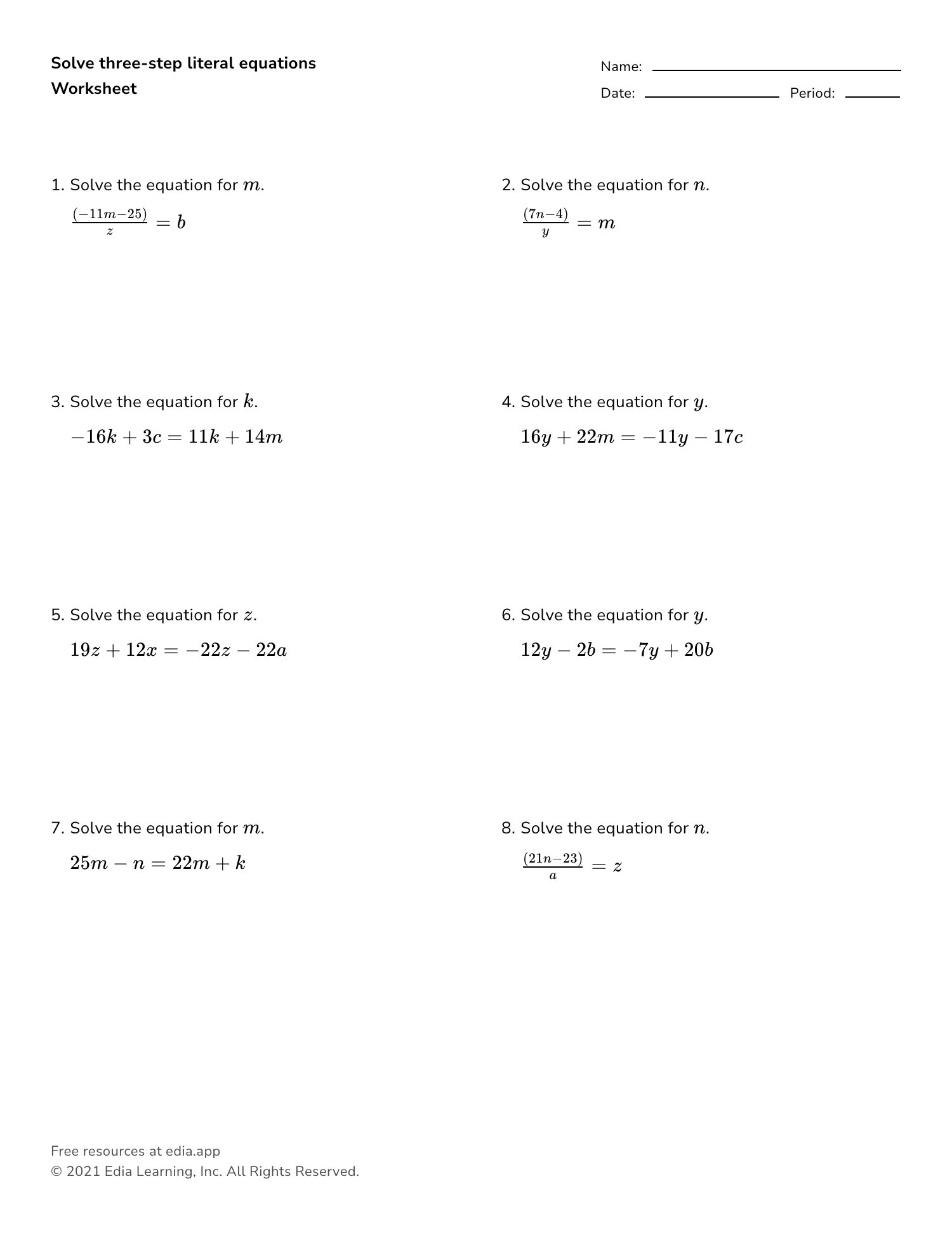 Solve Three-step Literal Equations - Worksheet With Literal Equations Worksheet Algebra 1
