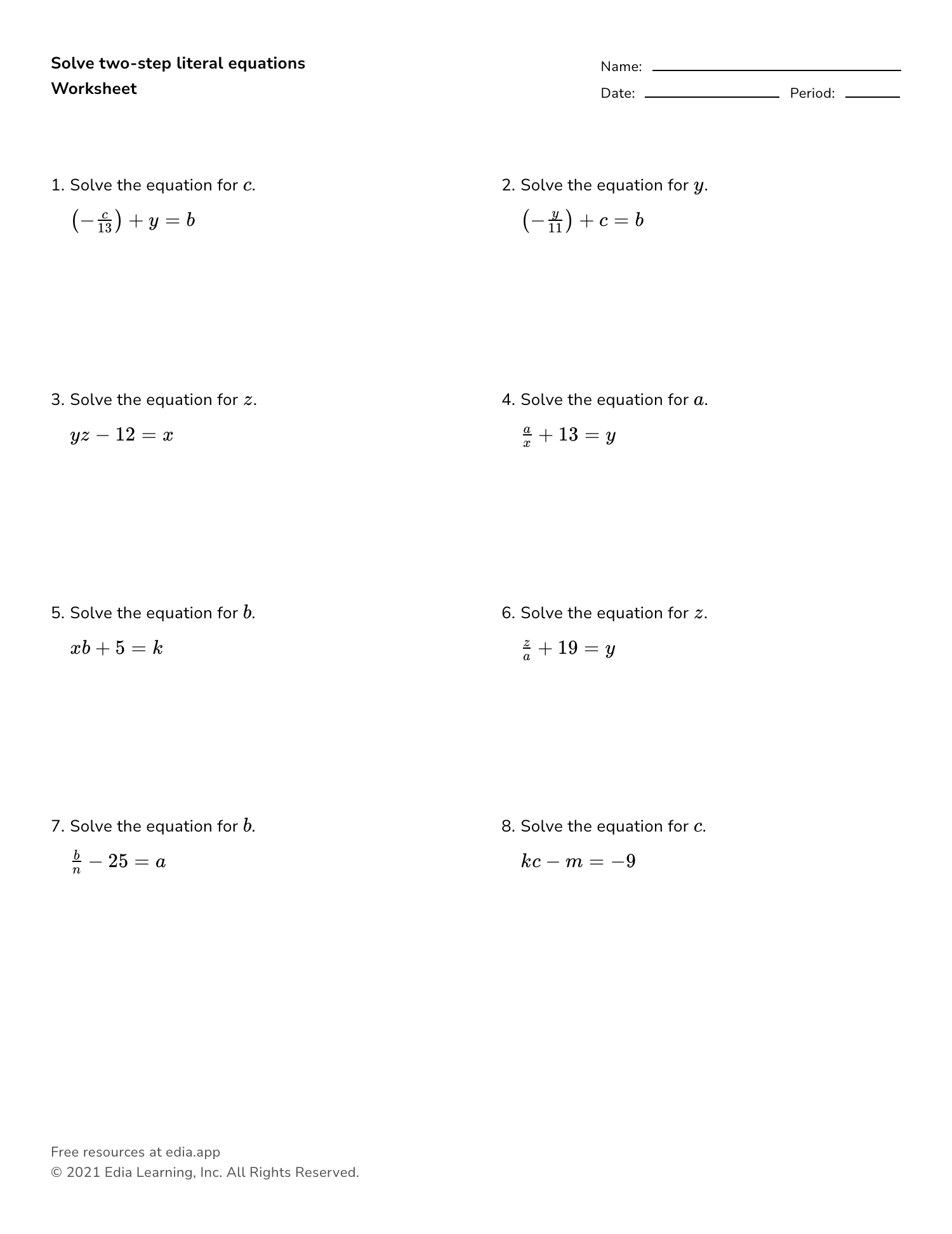 Solve Two-step Literal Equations - Worksheet Regarding Solve Literal Equations Worksheet