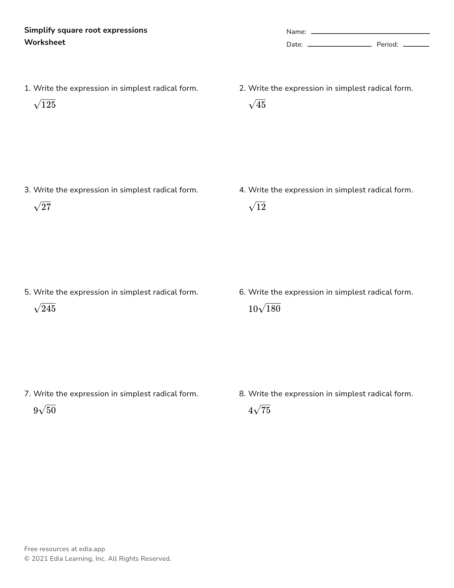 Simplify Square Root Expressions - Worksheet In Simplifying Radicals With Variables Worksheet