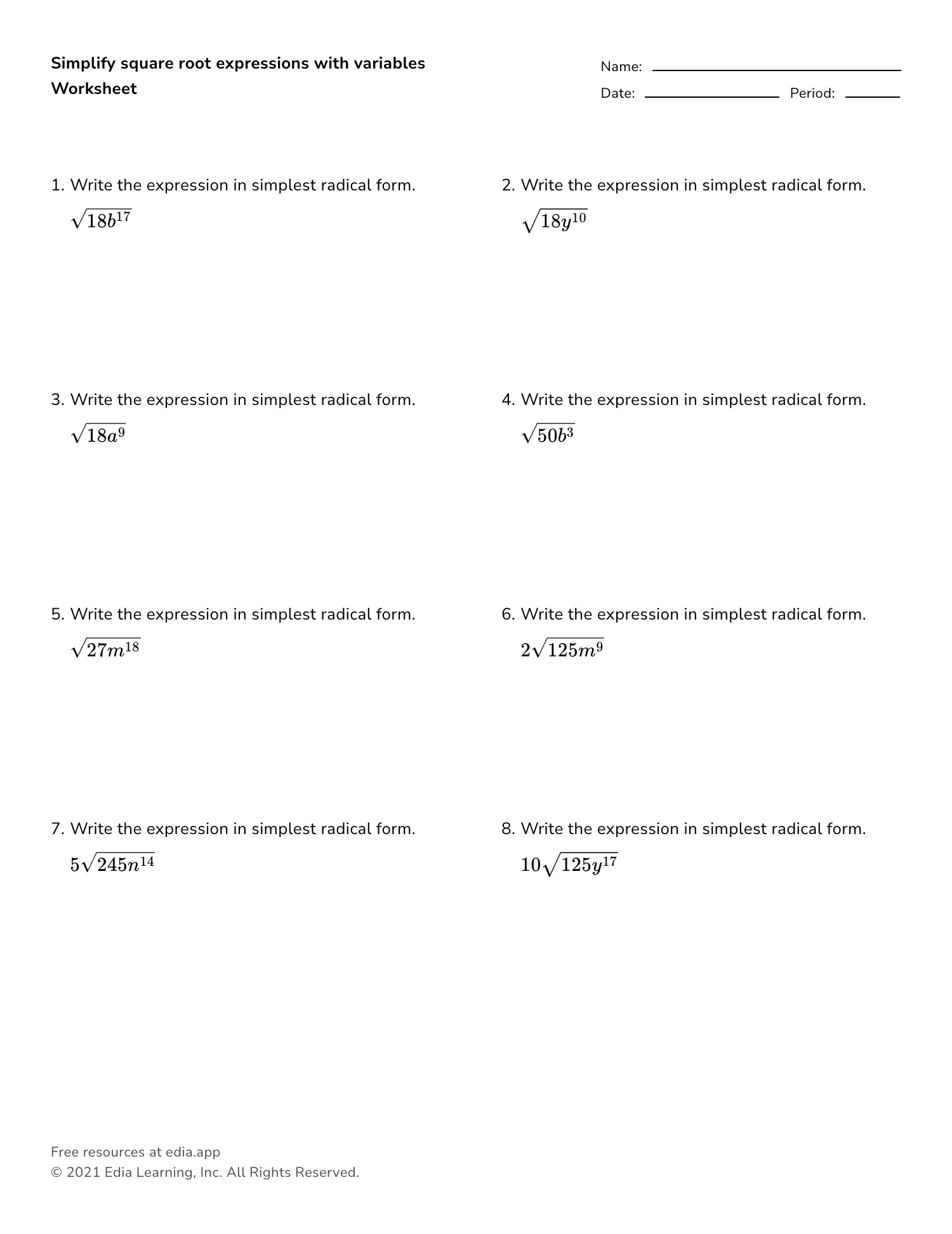 Simplify Square Root Expressions With Variables - Worksheet With Regard To Simplifying Radicals With Variables Worksheet