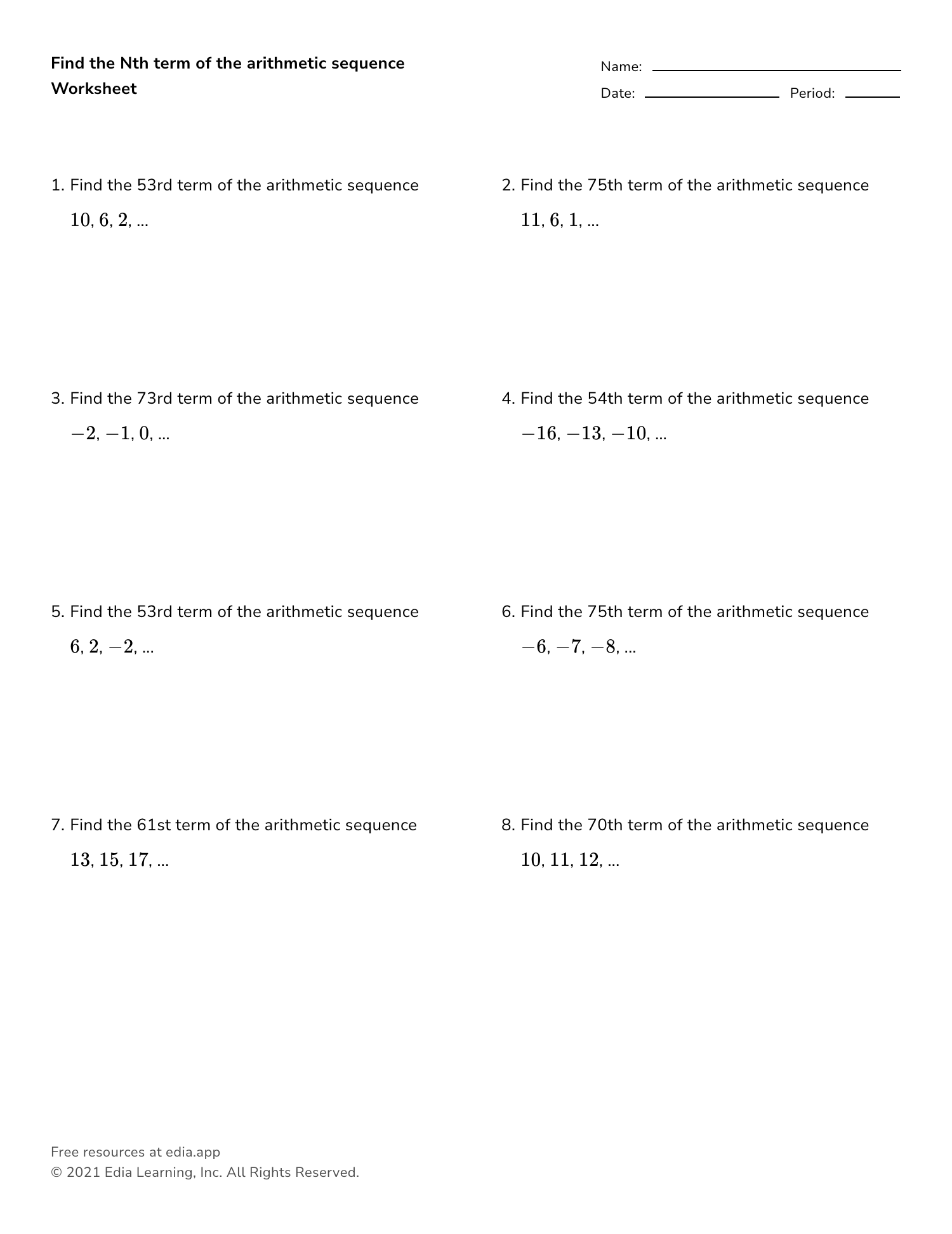 Find The Nth Term Of The Arithmetic Sequence - Worksheet Regarding Arithmetic Sequence Worksheet Algebra 1