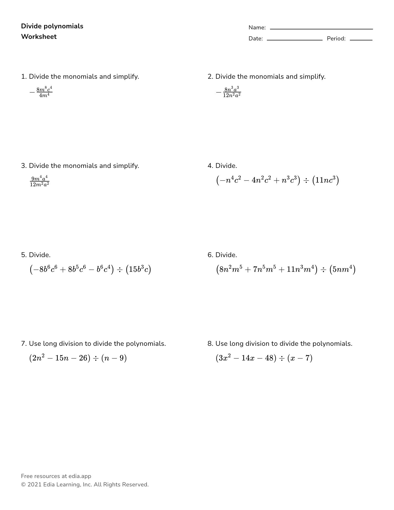 Divide Polynomials - Worksheet Intended For Long Division Of Polynomials Worksheet