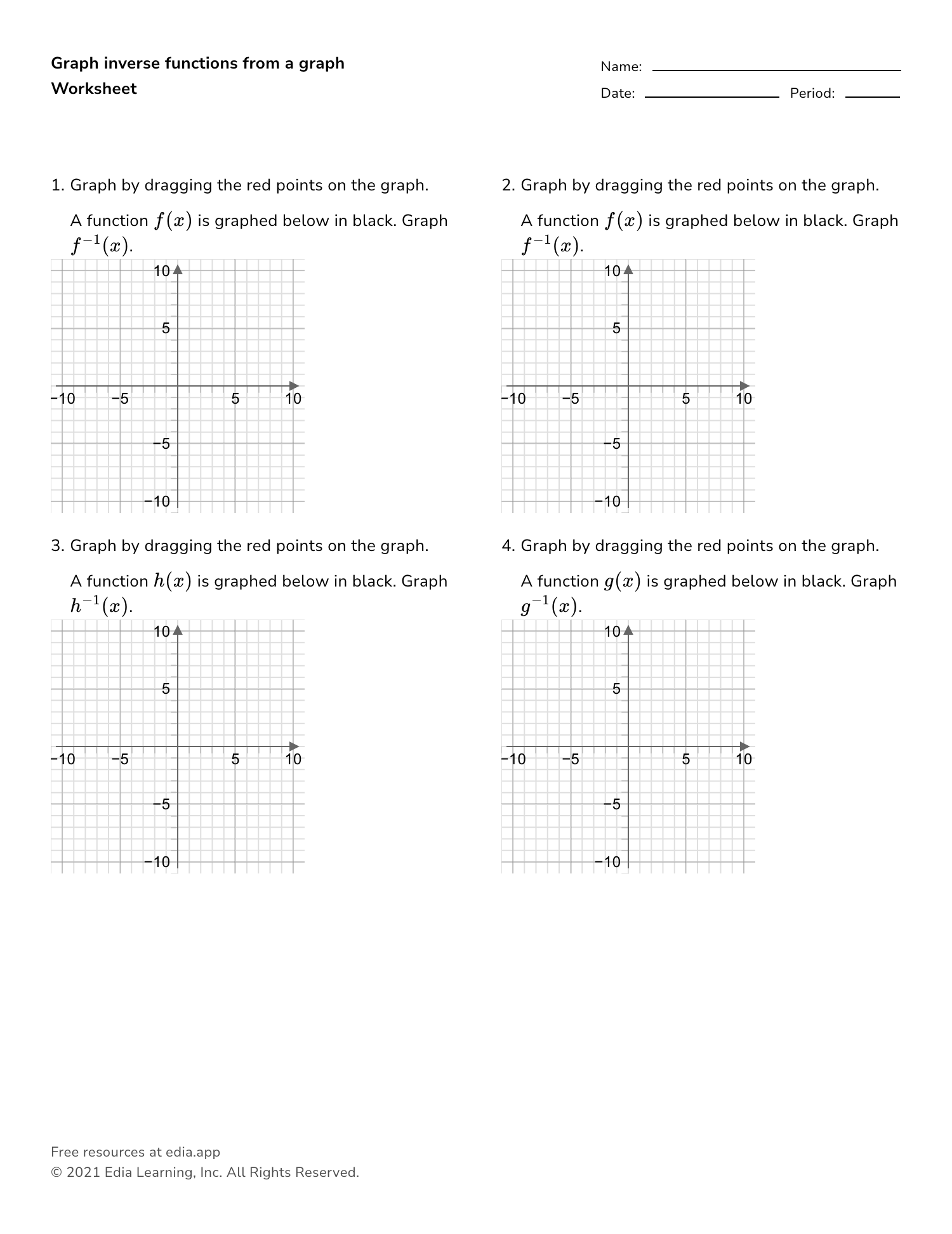 Graph Inverse Functions From A Graph - Worksheet Inside Graphing Inverse Functions Worksheet