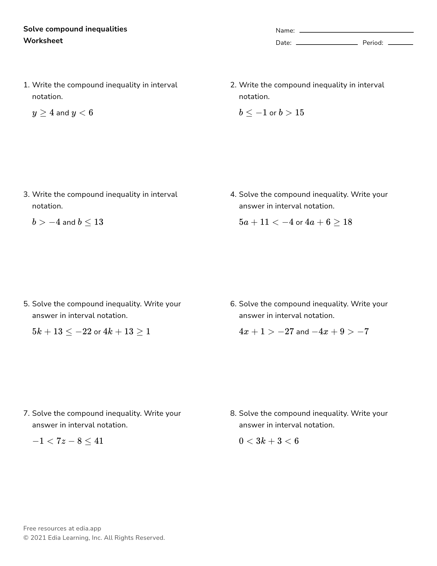 Solve Compound Inequalities - Worksheet Within Solving Compound Inequalities Worksheet