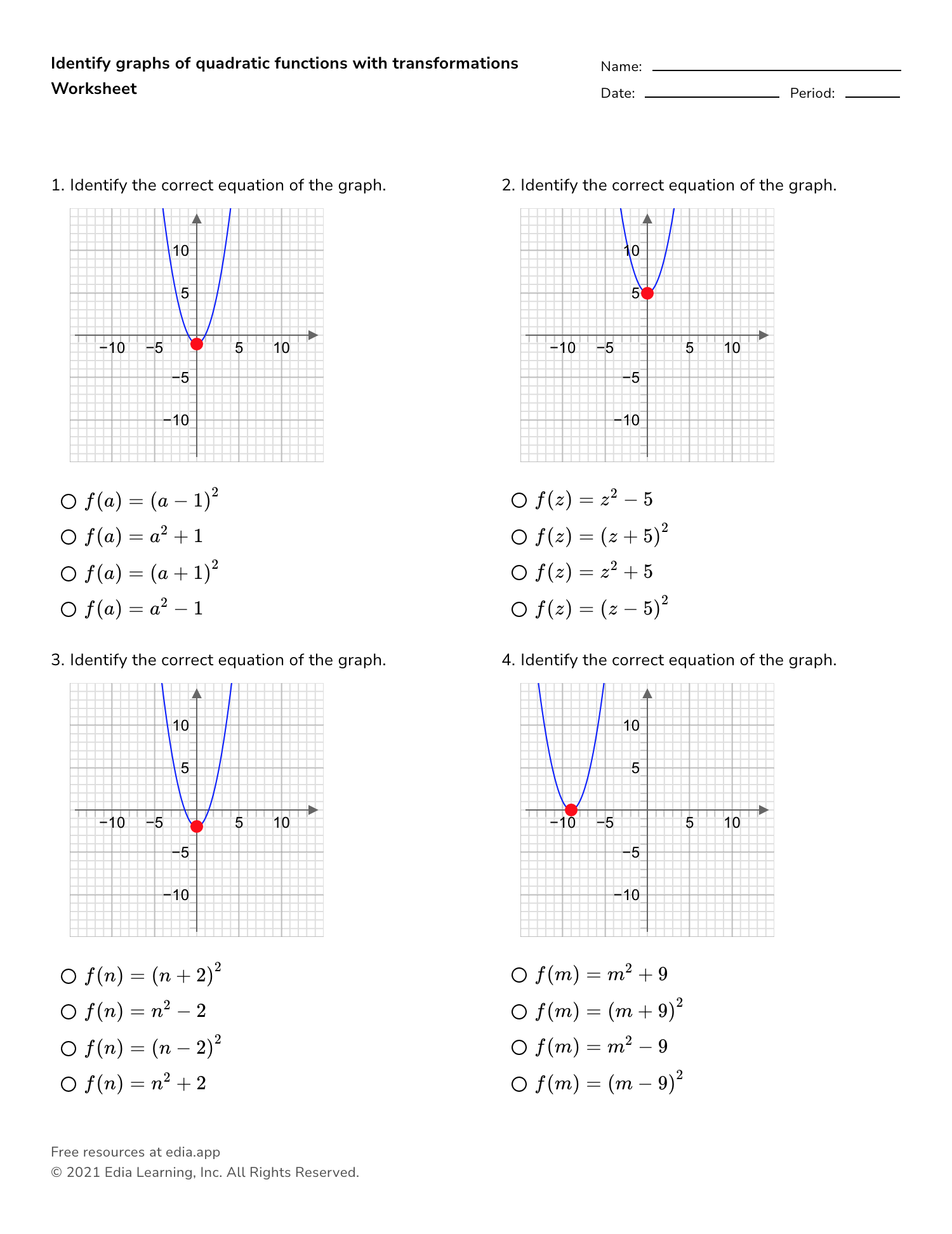Identify Graphs Of Quadratic Functions With Transformations For Transformations Of Functions Worksheet
