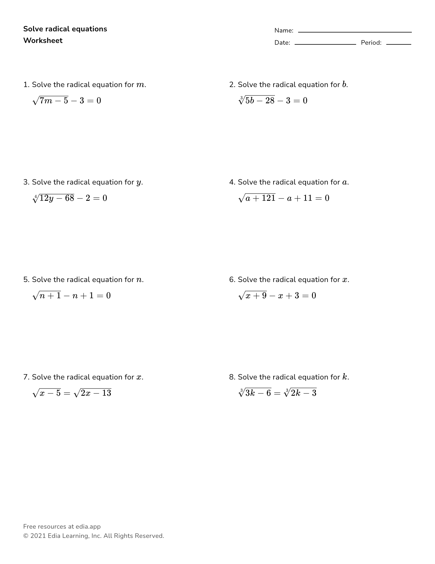 Solve Radical Equations - Worksheet Intended For Solve Radical Equations Worksheet