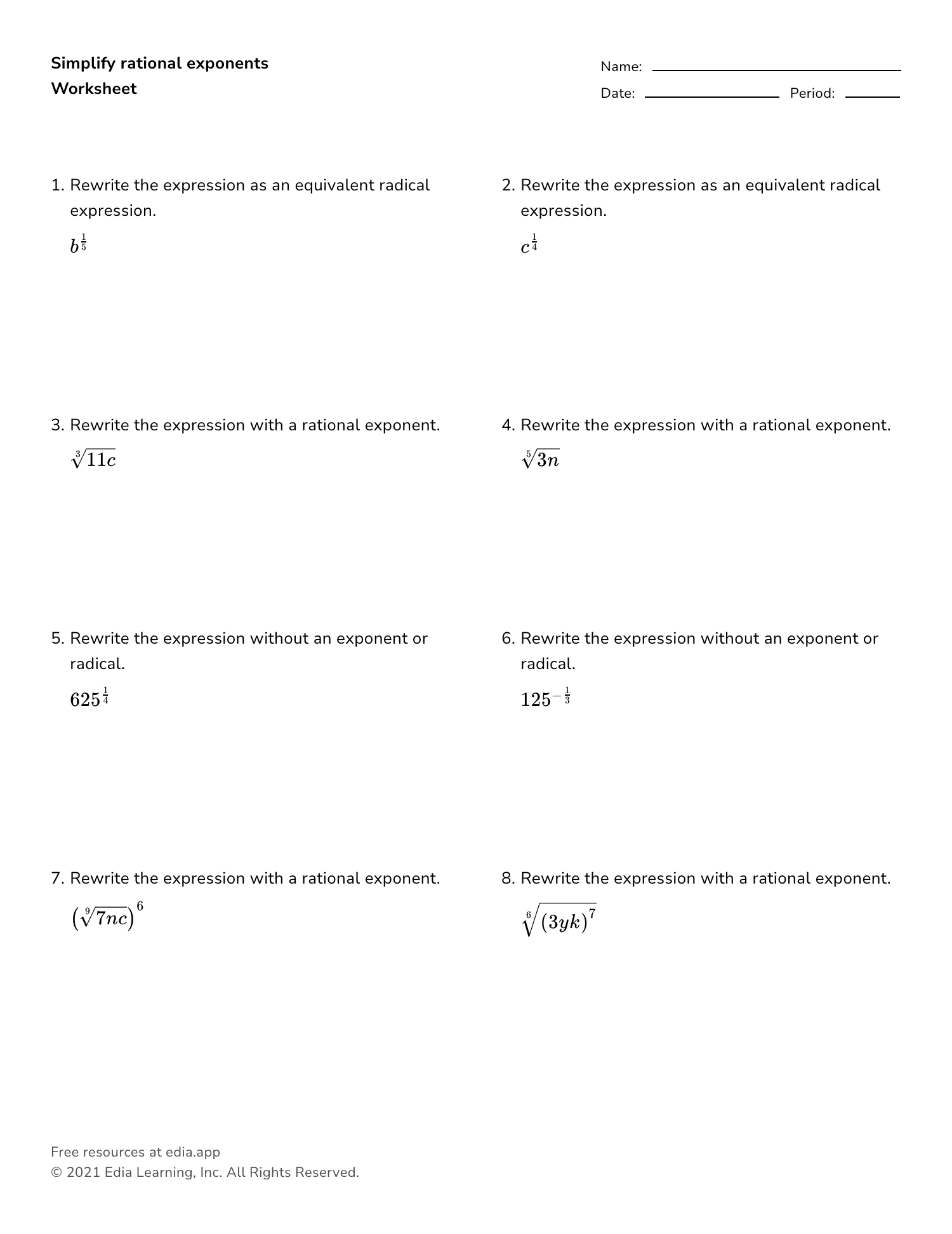 Simplify Rational Exponents - Worksheet In Radicals And Rational Exponents Worksheet