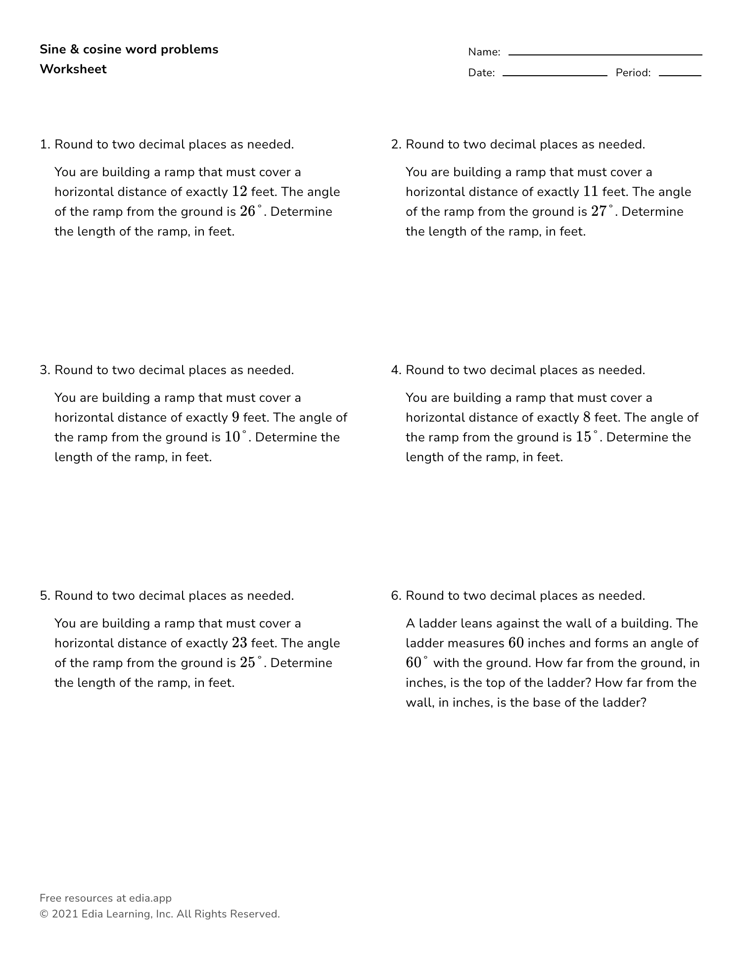 Sine & Cosine Word Problems - Worksheet Pertaining To Right Triangle Word Problems Worksheet