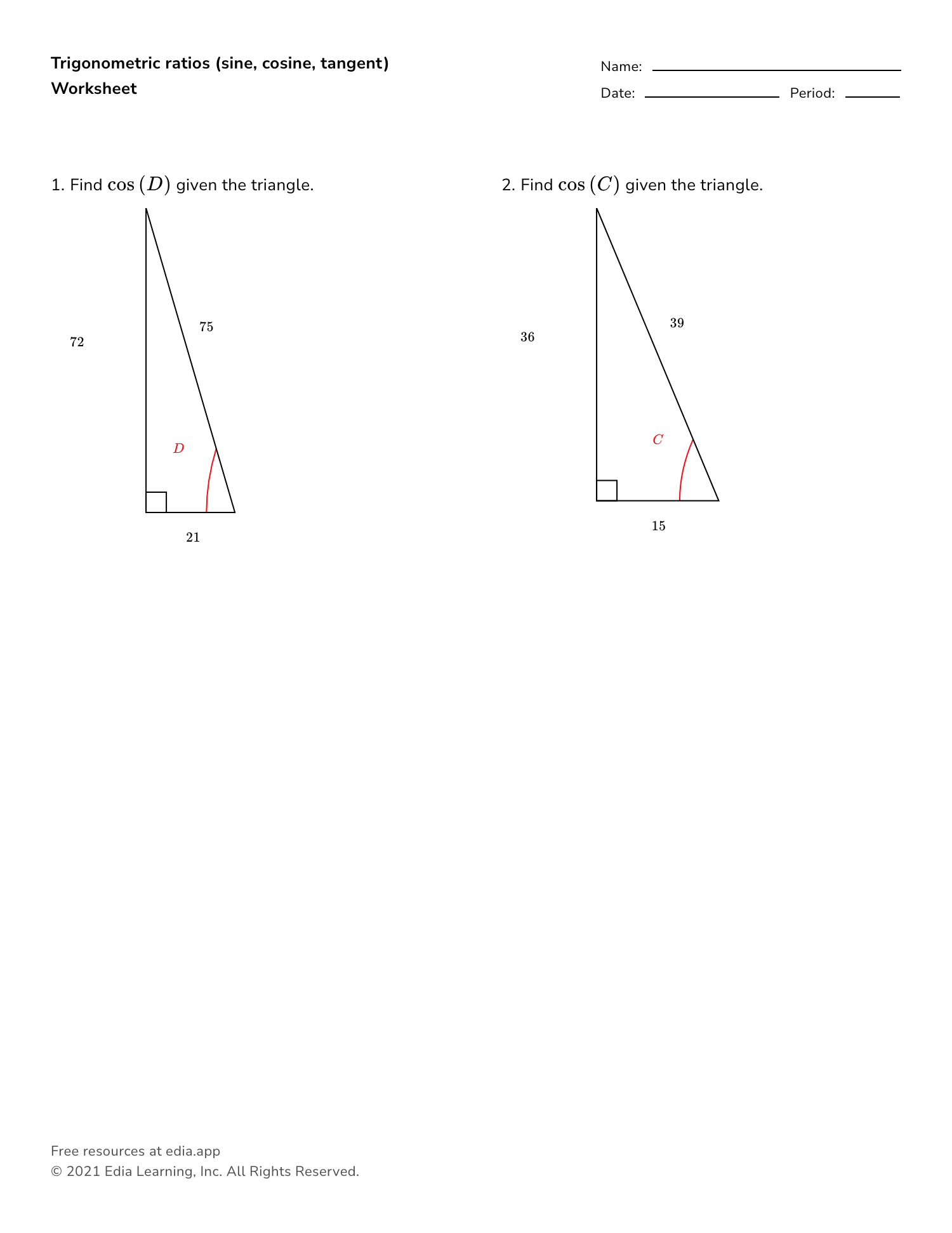Trigonometric Ratios (sine, Cosine, Tangent) - Worksheet Within Right Triangle Trigonometry Worksheet
