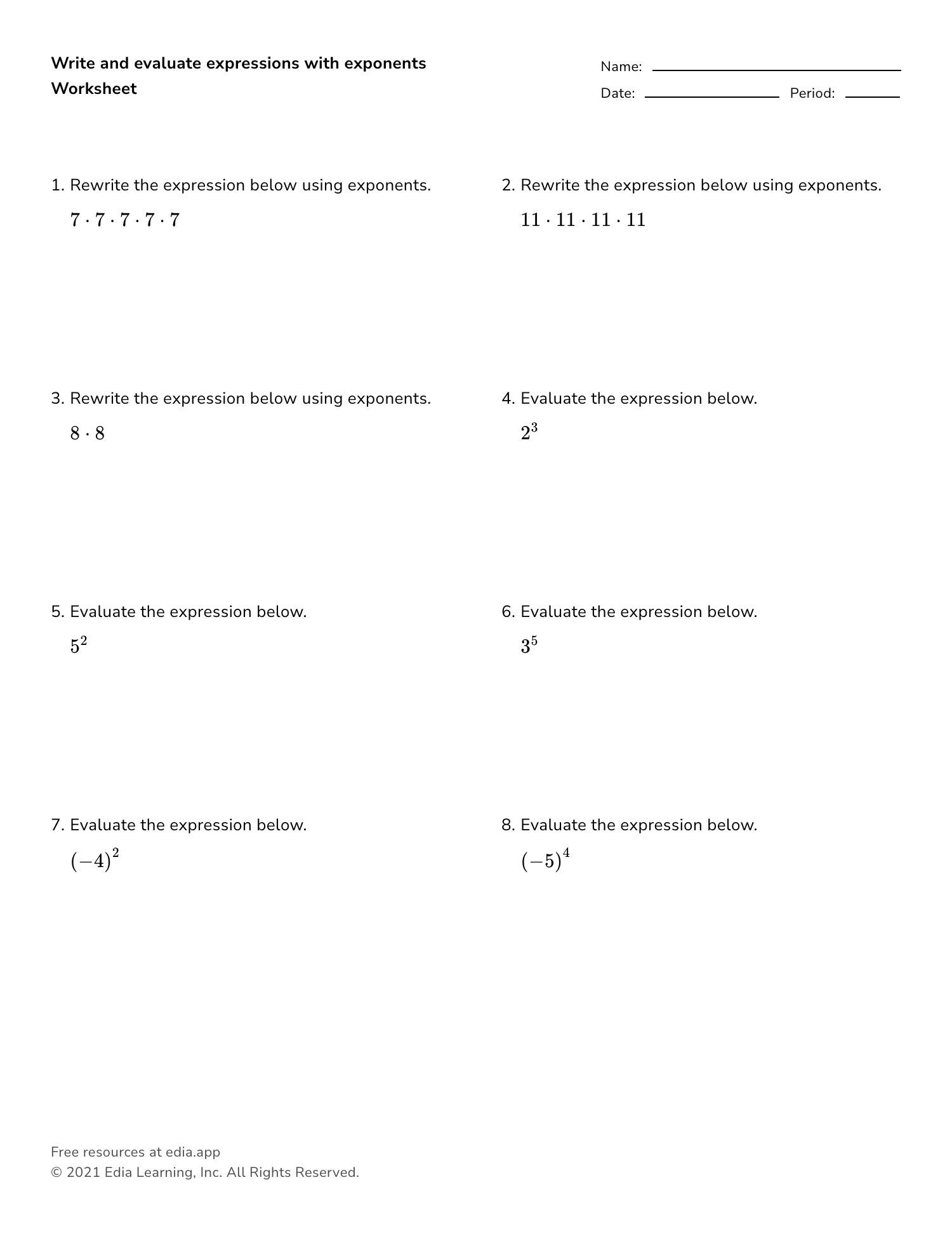Write And Evaluate Expressions With Exponents - Worksheet With Regard To Evaluate The Expression Worksheet
