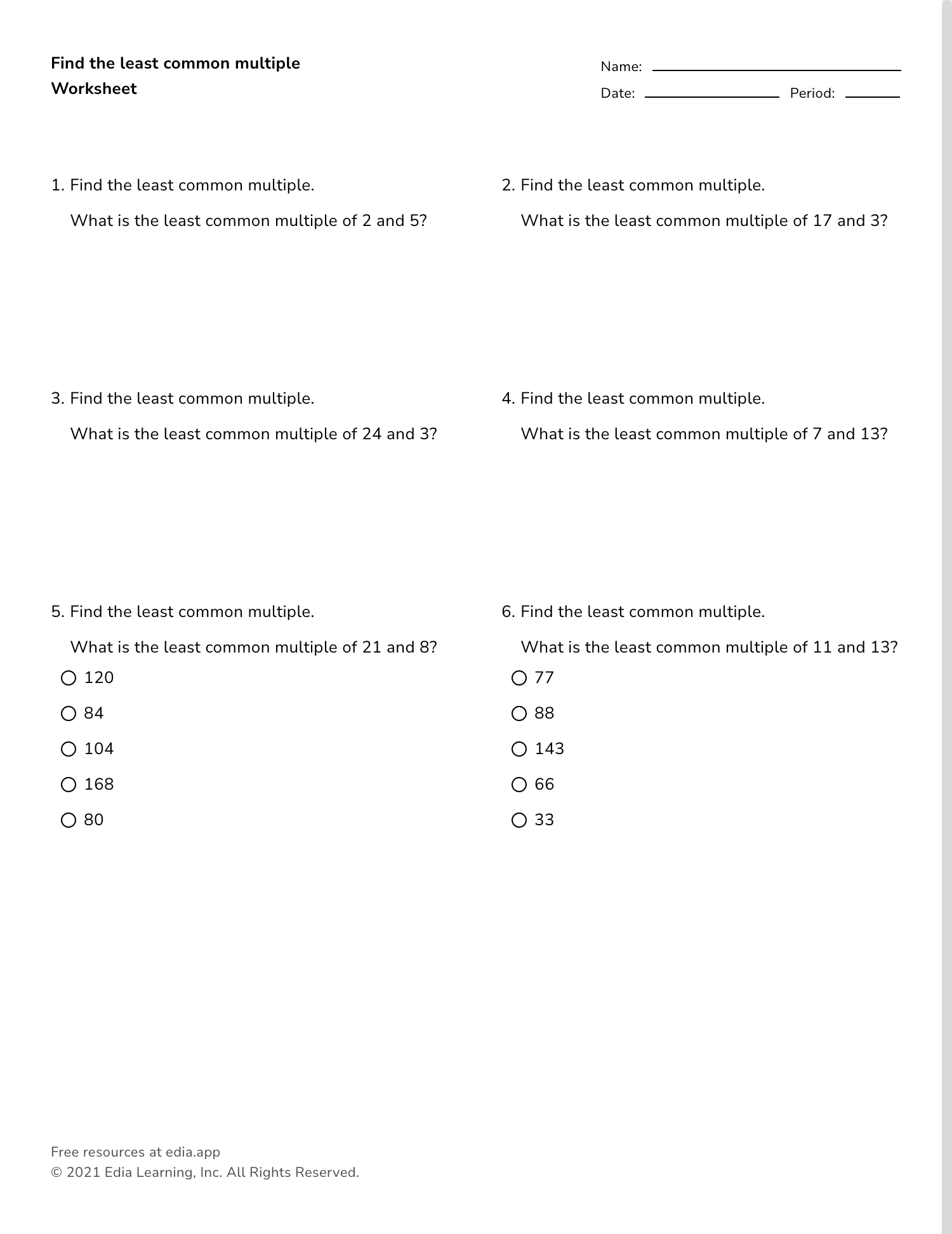 least common multiple worksheet