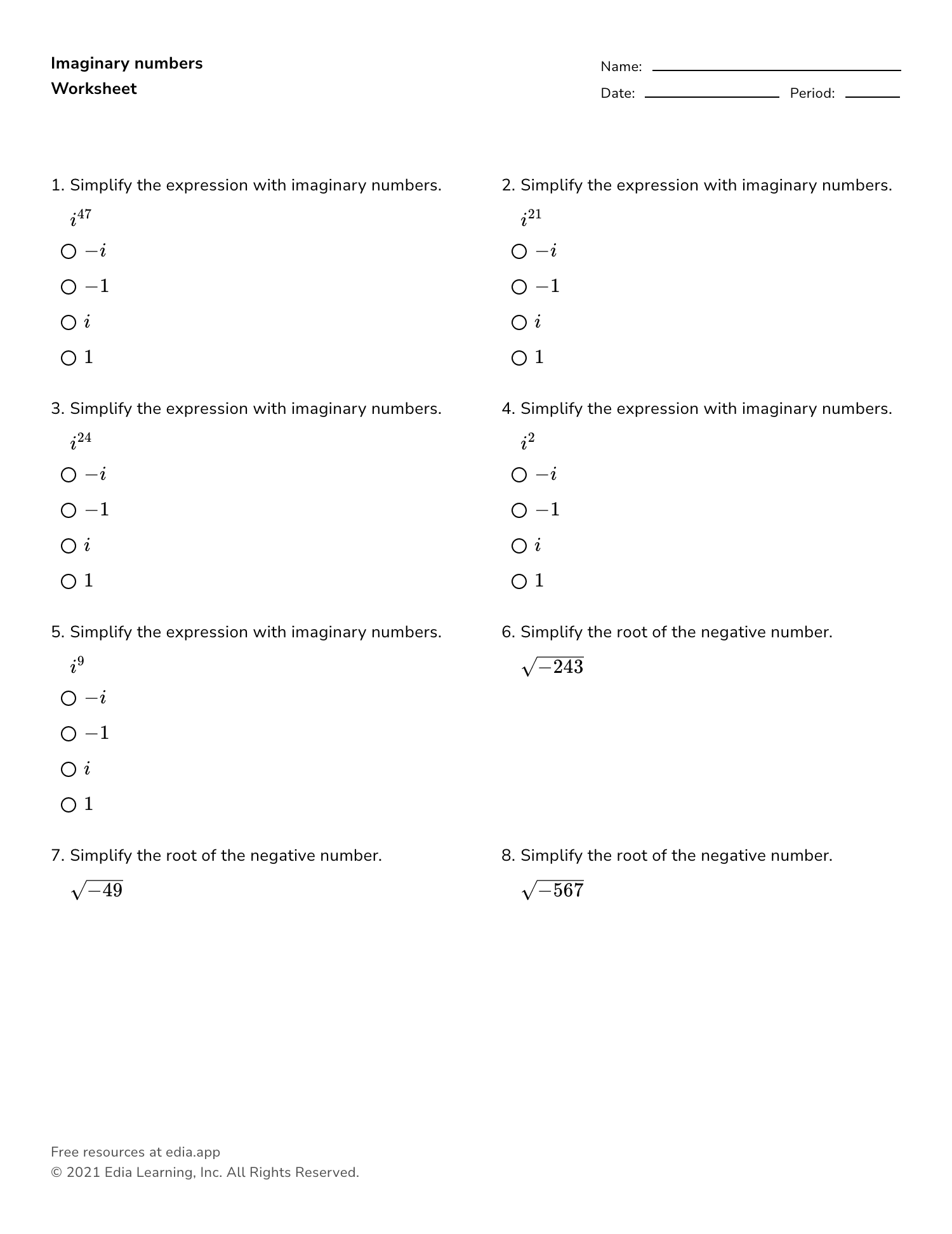 Imaginary Numbers - Worksheet Throughout Simplifying Complex Numbers Worksheet