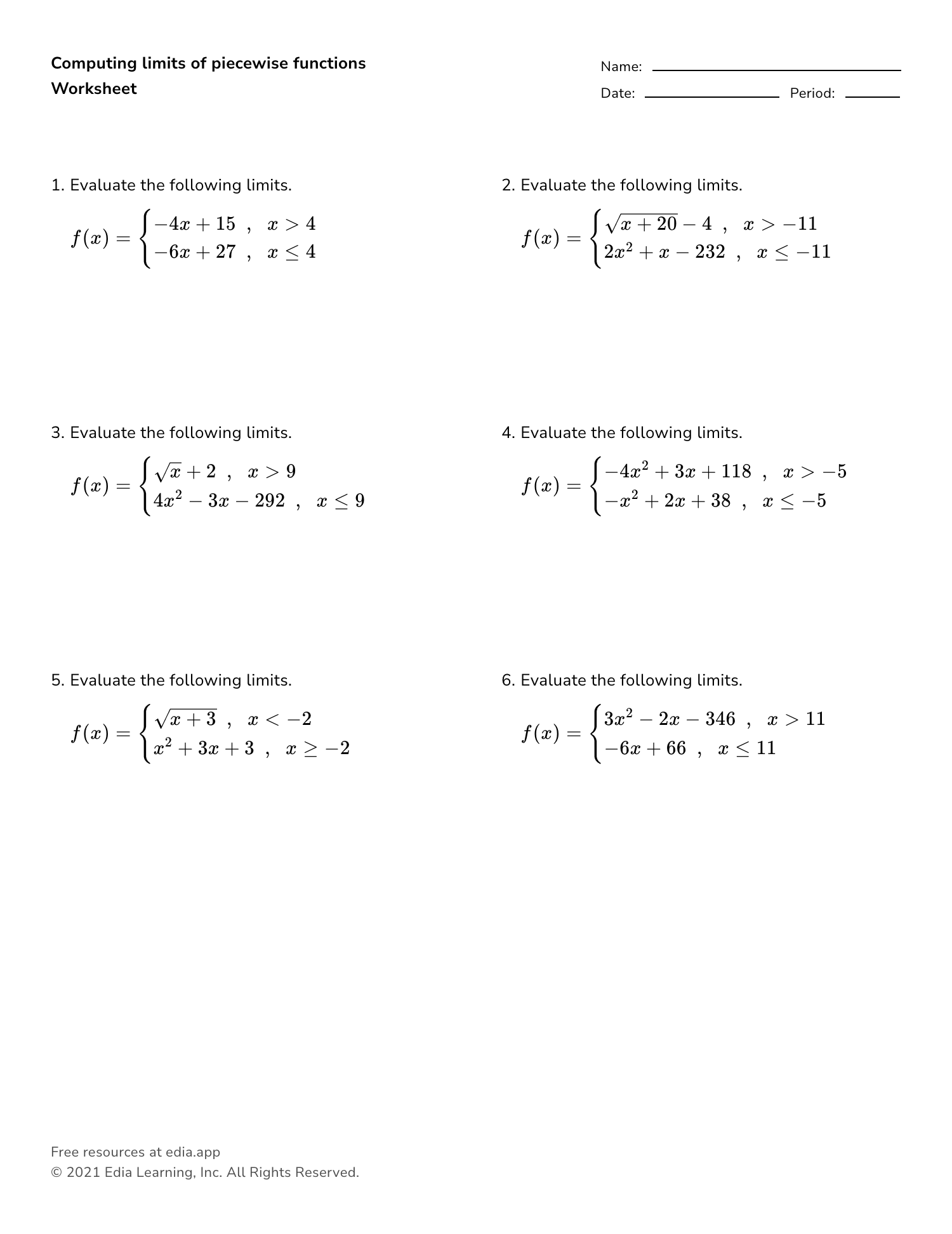 Computing Limits Of Piecewise Functions - Worksheet With Regard To Evaluating Piecewise Functions Worksheet