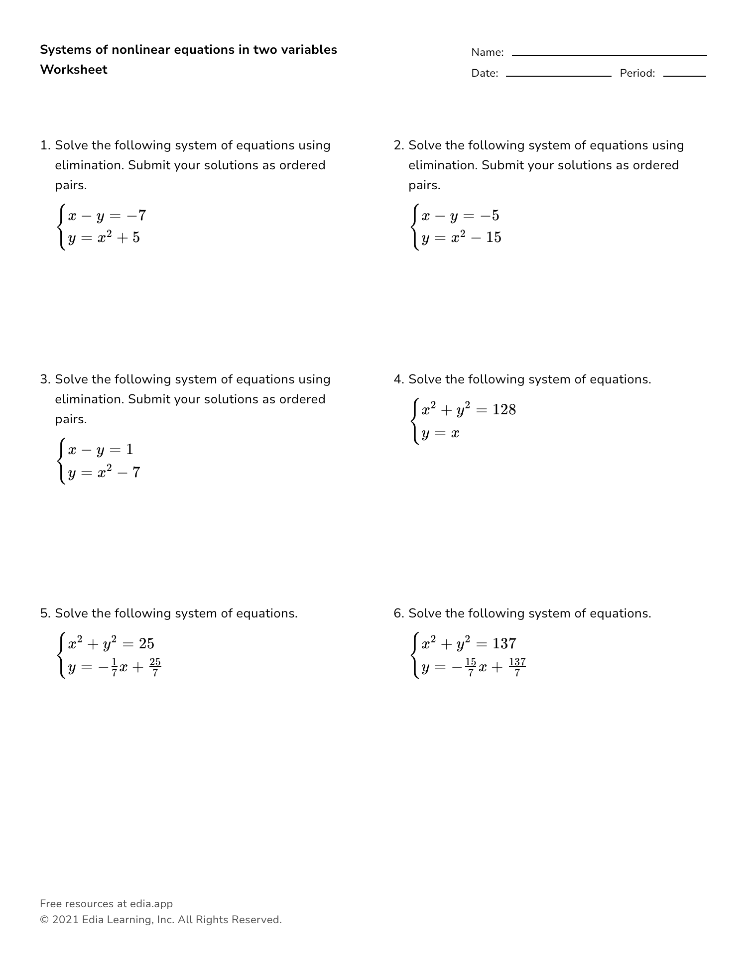 Systems Of Nonlinear Equations In Two Variables - Worksheet Pertaining To Systems Of Equations Worksheet