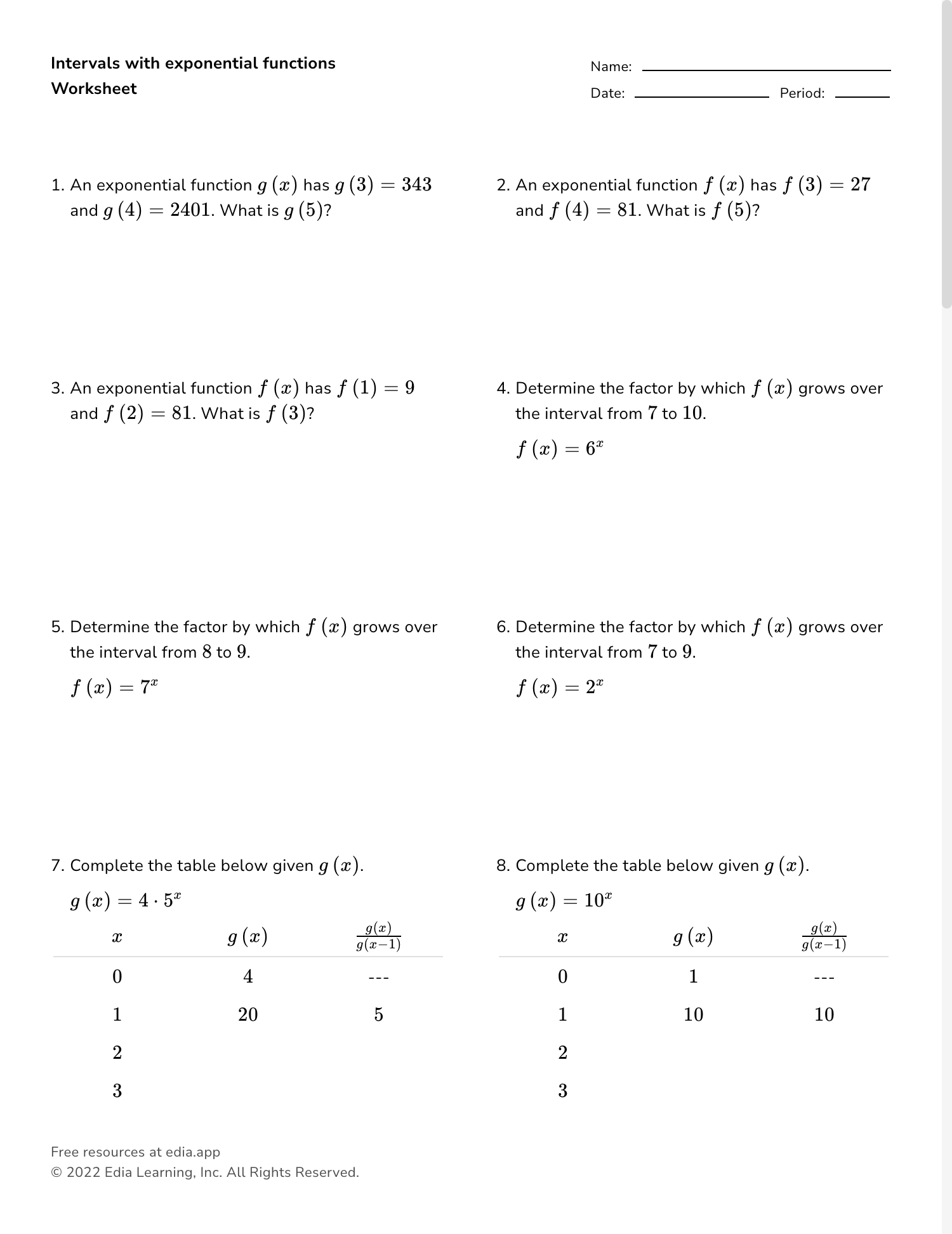 Exponential Equations Worksheet 1 With Answers