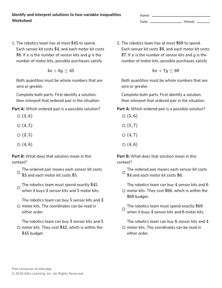 Identify and interpret solutions to two-variable inequalities Worksheet ...