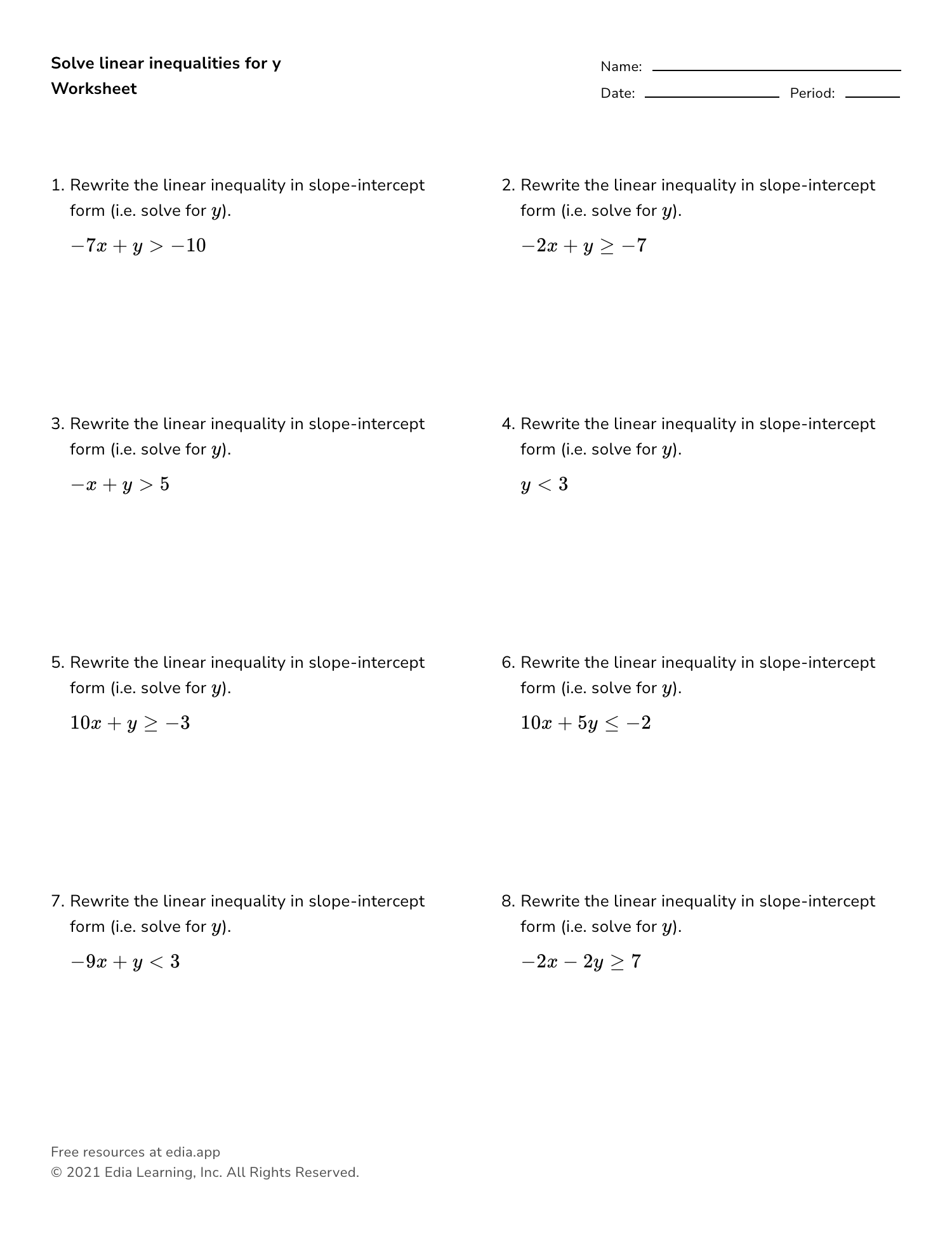 Solving Linear Inequalities Worksheet