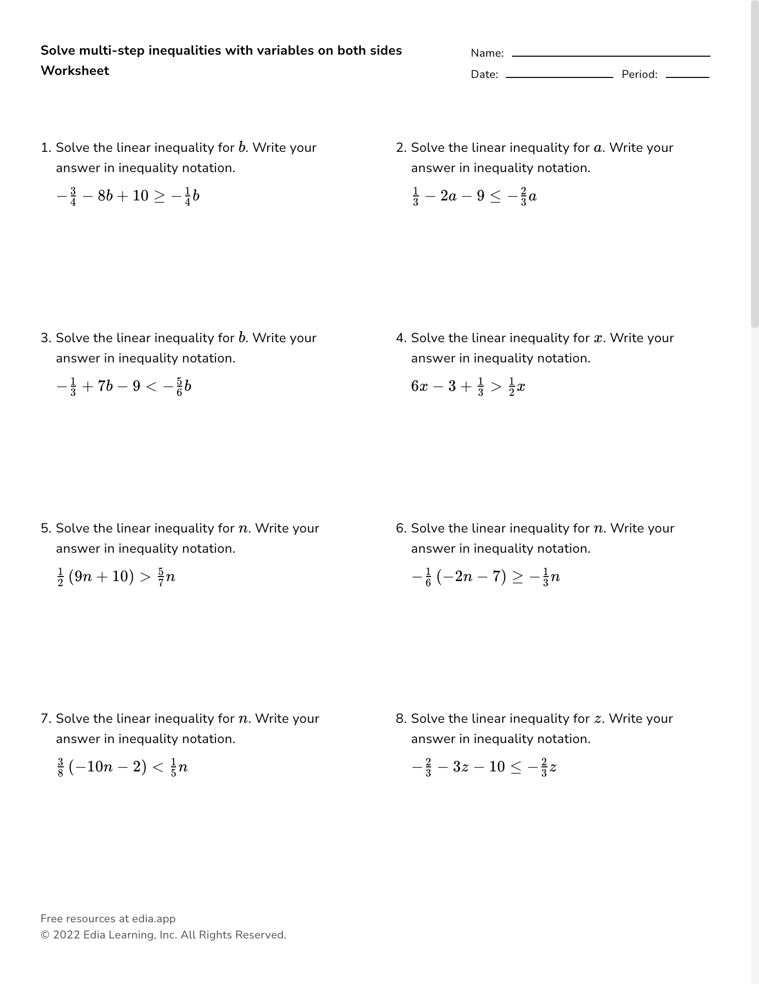 Solve Multi step Inequalities With Variables On Both Sides Worksheet