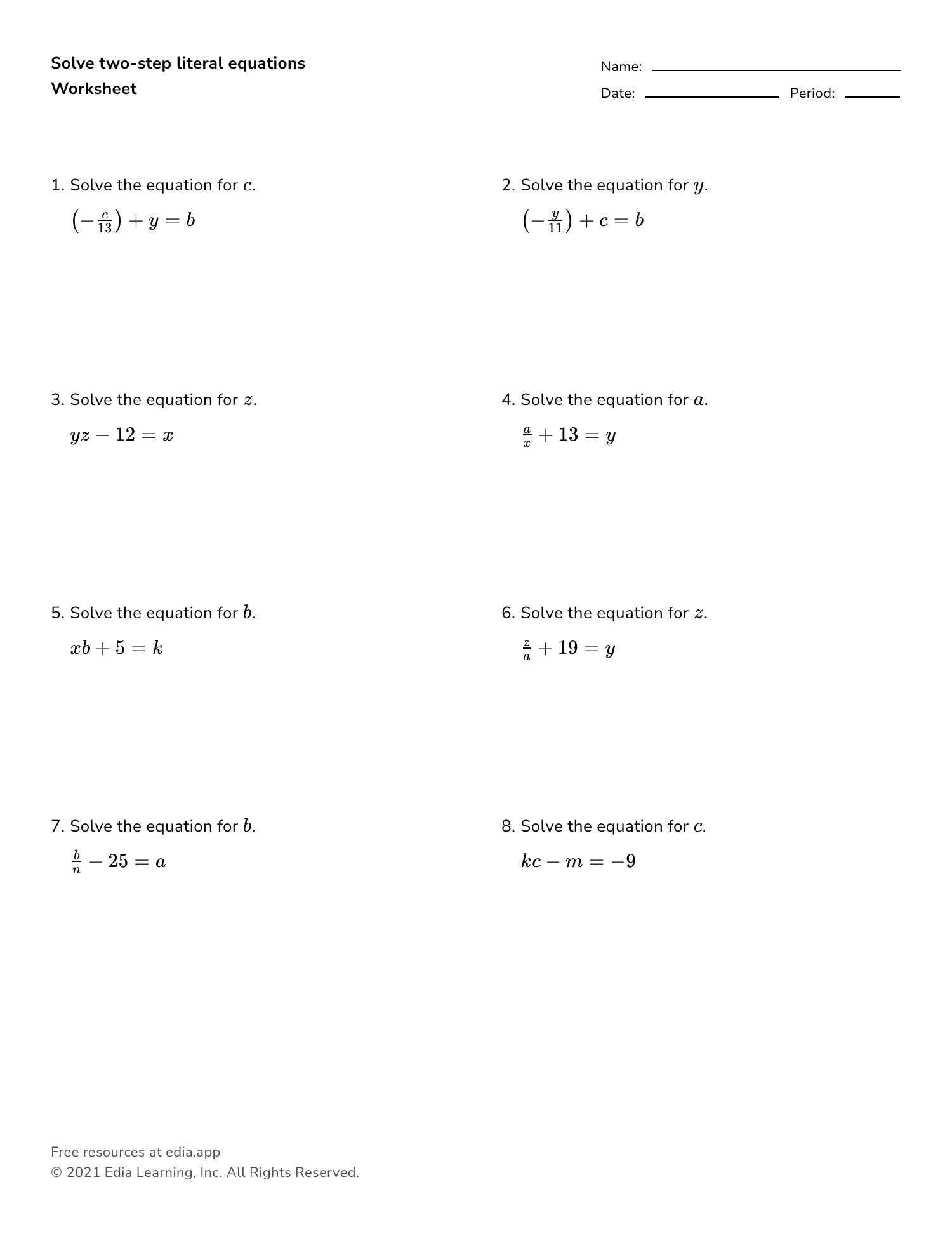 Literal Equations Worksheet Answer Key