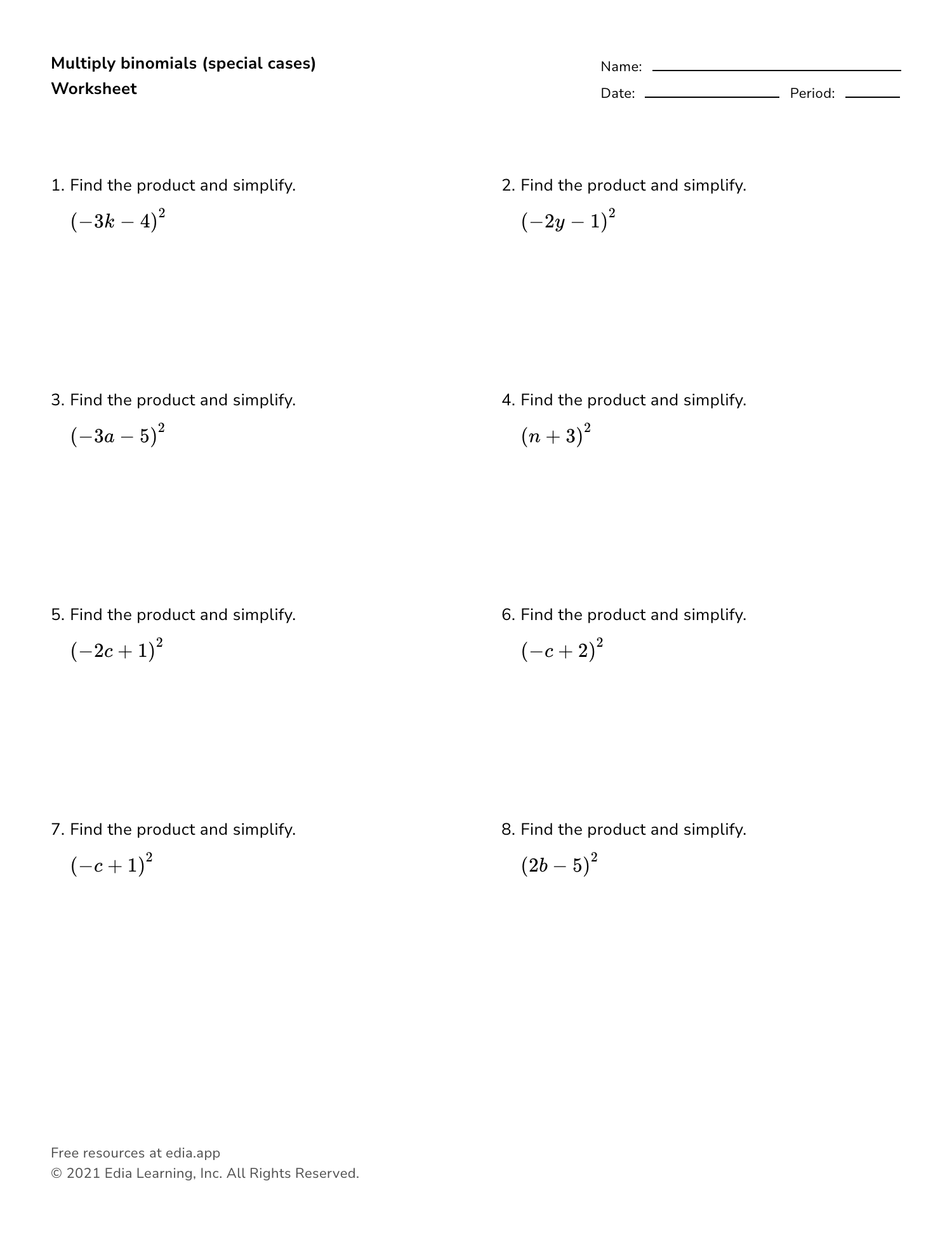 Product Of Two Binomials Worksheet With Answers