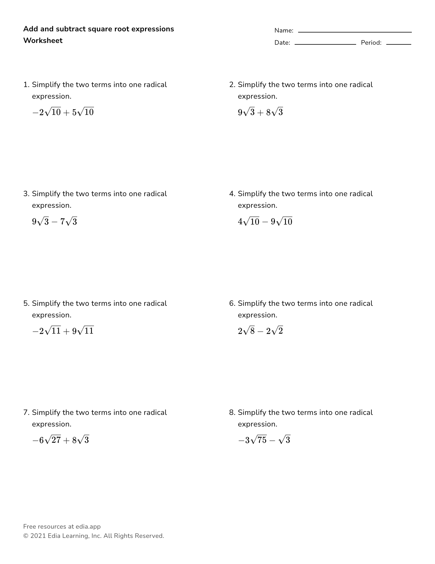 Adding And Subtracting Radicals Worksheet