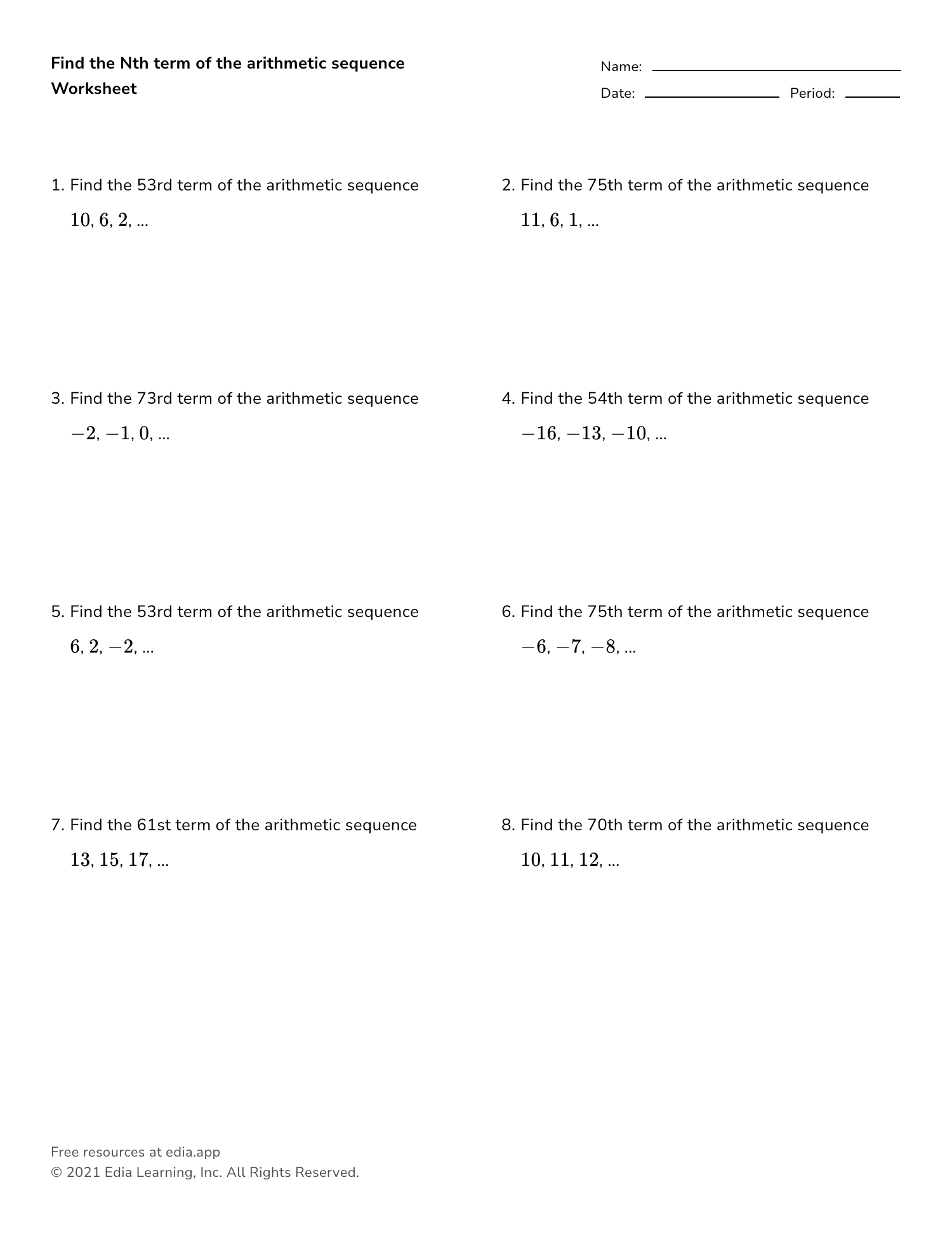 Find The Nth Term Of The Arithmetic Sequence - Worksheet Inside Arithmetic Sequence Worksheet Algebra 1