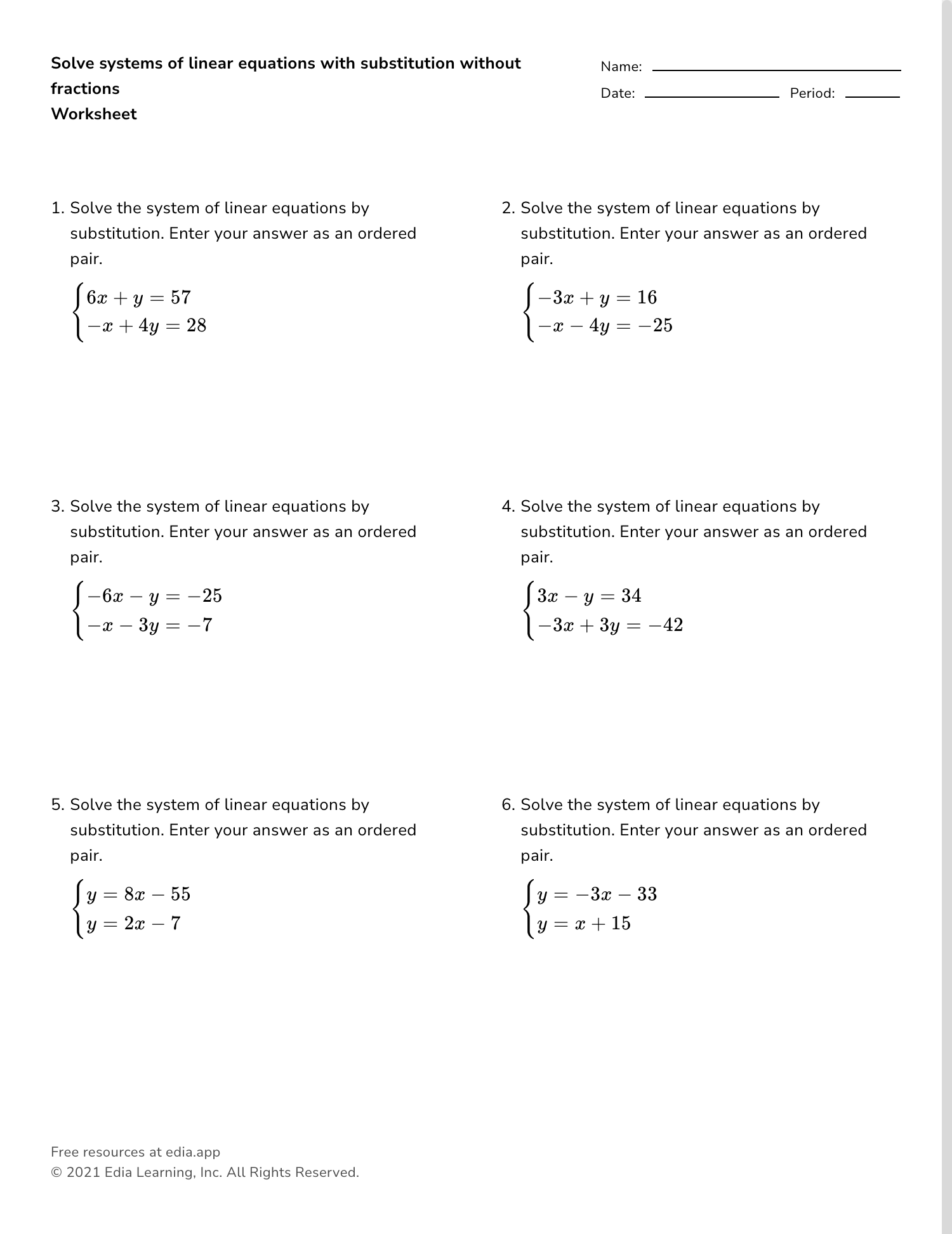 Solve Systems Of Linear Equations With Substitution Without Regarding Systems Of Linear Equations Worksheet