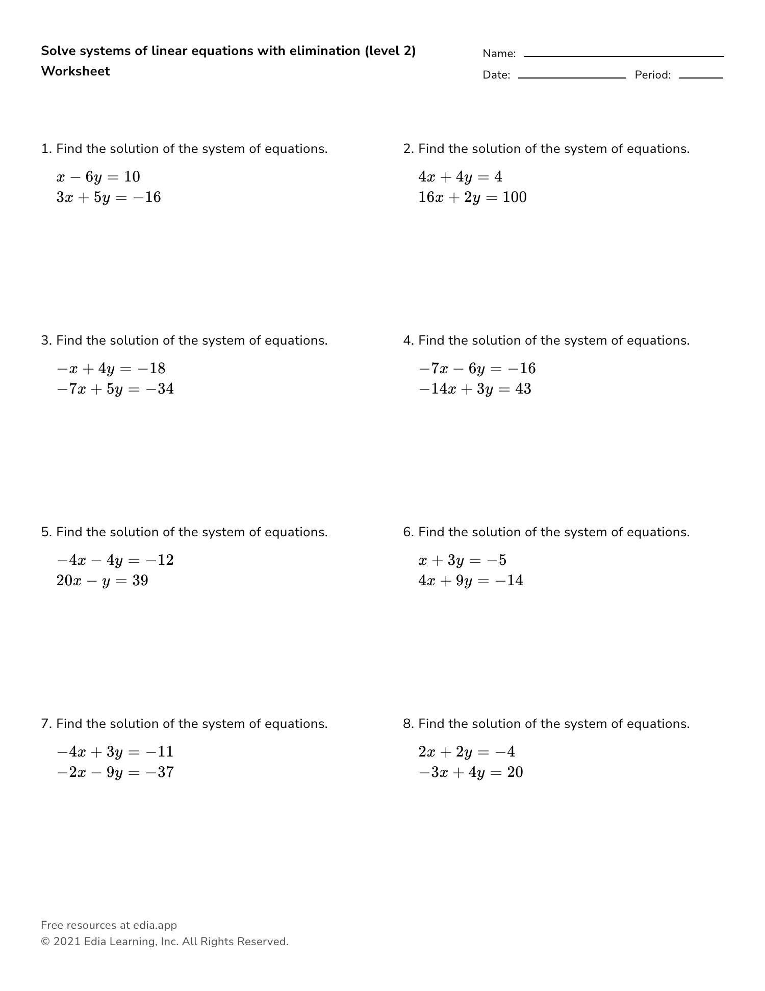 Solve systems of linear equations with elimination — intermediate ...