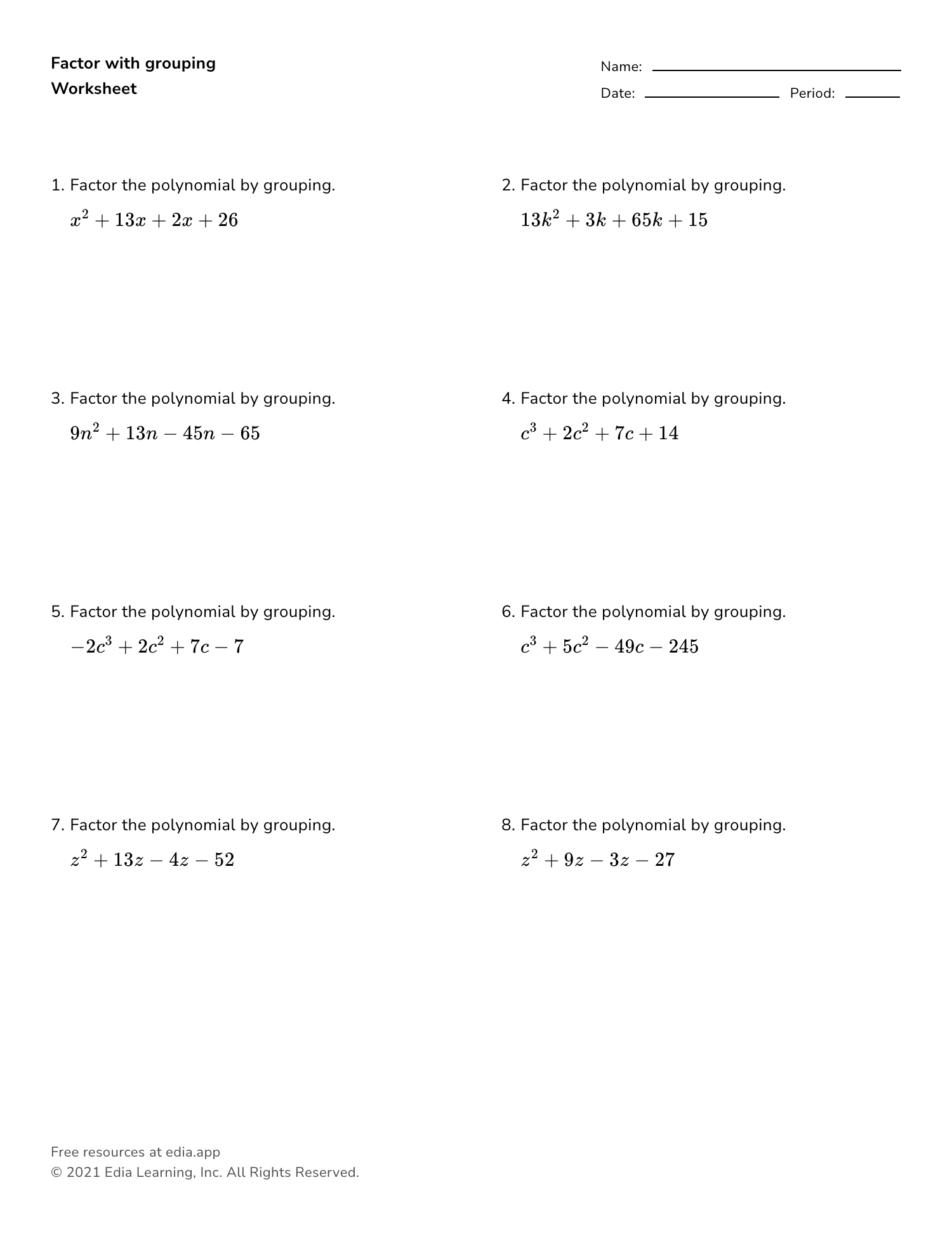 Edia  Free math homework in minutes With Regard To Factoring By Grouping Worksheet