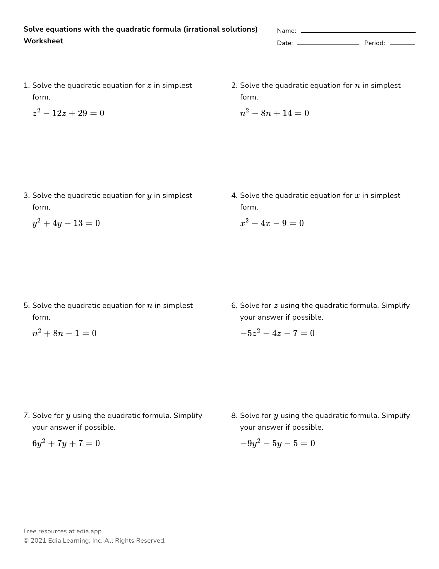 Solve equations with the quadratic formula (irrational solutions ...