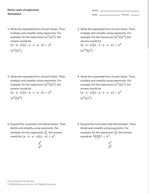Derive the laws of exponents worksheet preview