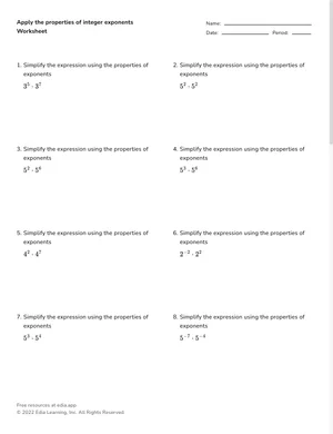Apply integer exponent properties to numerical expressions worksheet preview