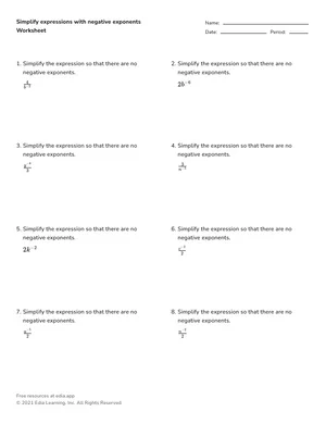Simplify expressions with negative exponents worksheet preview