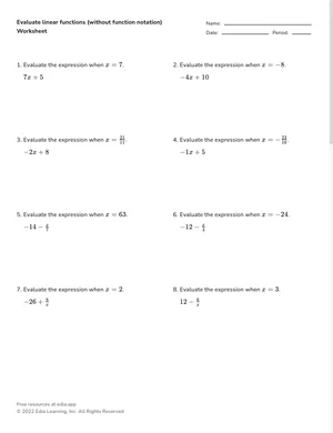 Evaluate linear rules without function notation worksheet preview