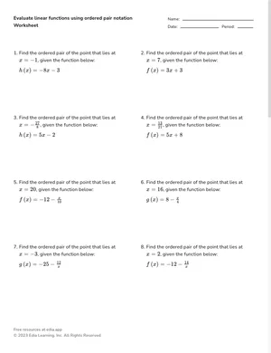 Evaluate linear functions with ordered pairs worksheet preview