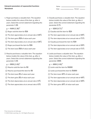 Interpret exponential parameters worksheet preview