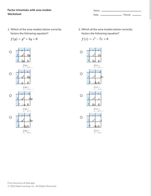Factor trinomials with area models worksheet preview