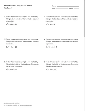 Use the box method to factor trinomials worksheet preview