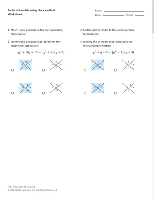 Use the X method to factor trinomials worksheet preview