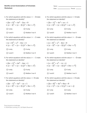 Identify a correct trinomial factorization worksheet preview