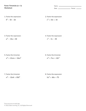 Factor trinomials when the leading coefficient is 1 worksheet preview