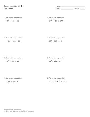 Factor trinomials when the leading coefficient is not 1 worksheet preview