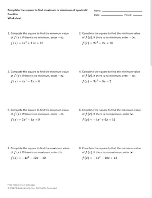 Complete the square to find extrema worksheet preview