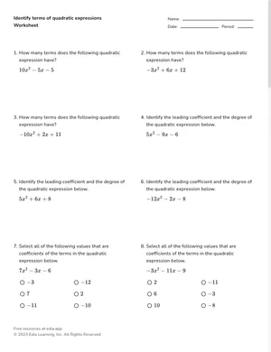 Identify quadratic terms and forms worksheet preview